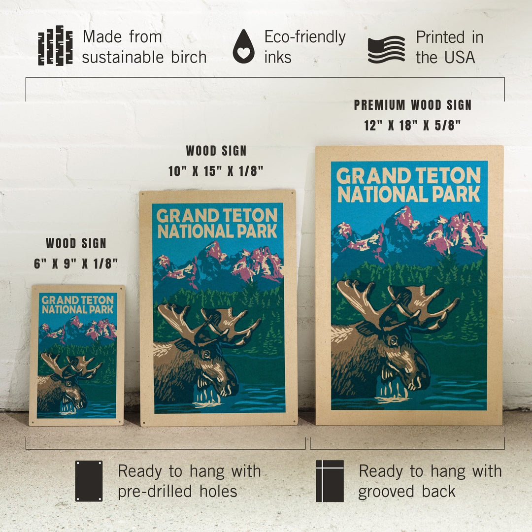 Grand Teton National Park, Moose in Lake, Woodblock, Lantern Press Artwork, Wood Signs and Postcards - Lantern Press