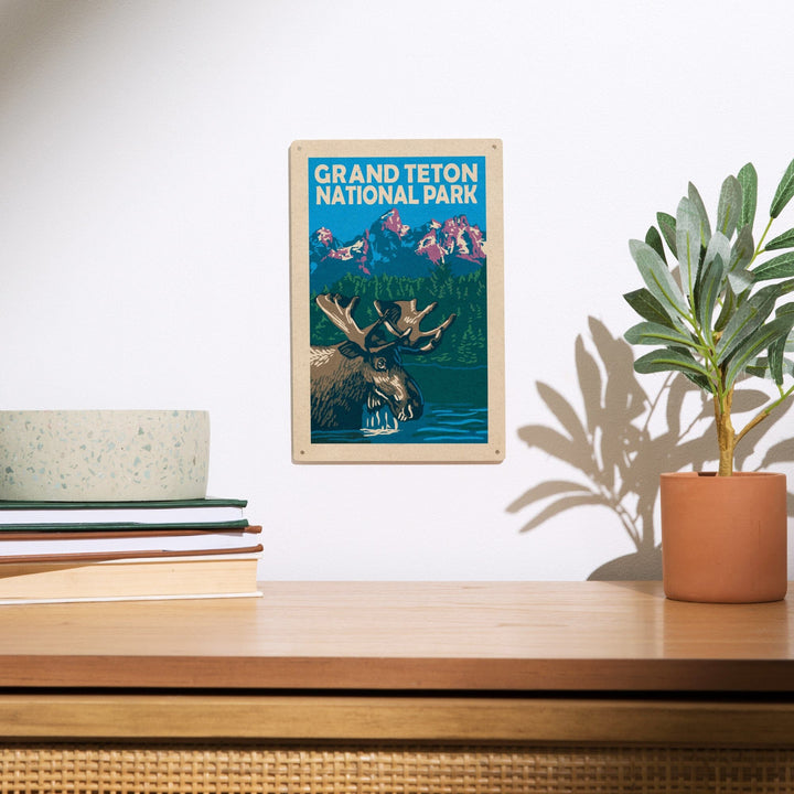 Grand Teton National Park, Moose in Lake, Woodblock, Lantern Press Artwork, Wood Signs and Postcards - Lantern Press