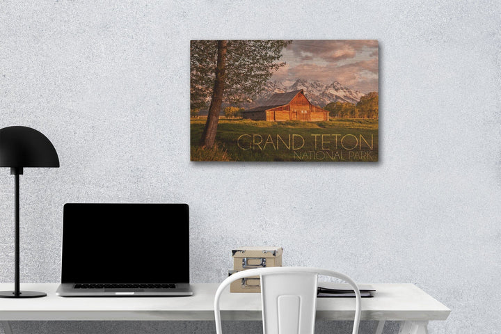 Grand Teton National Park, Wyoming, Barn & Tree, Lantern Press Photography, Wood Signs and Postcards - Lantern Press