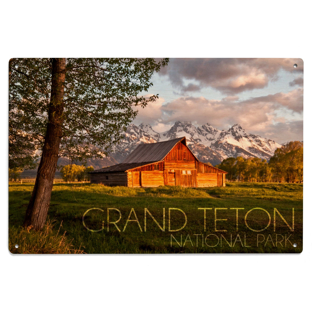 Grand Teton National Park, Wyoming, Barn & Tree, Lantern Press Photography, Wood Signs and Postcards - Lantern Press