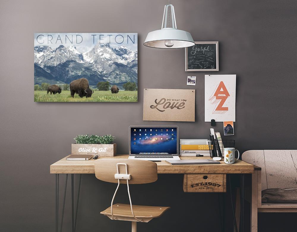 Grand Teton National Park, Wyoming, Buffalo & Mountain Scene, Lantern Press Photography, Stretched Canvas - Lantern Press