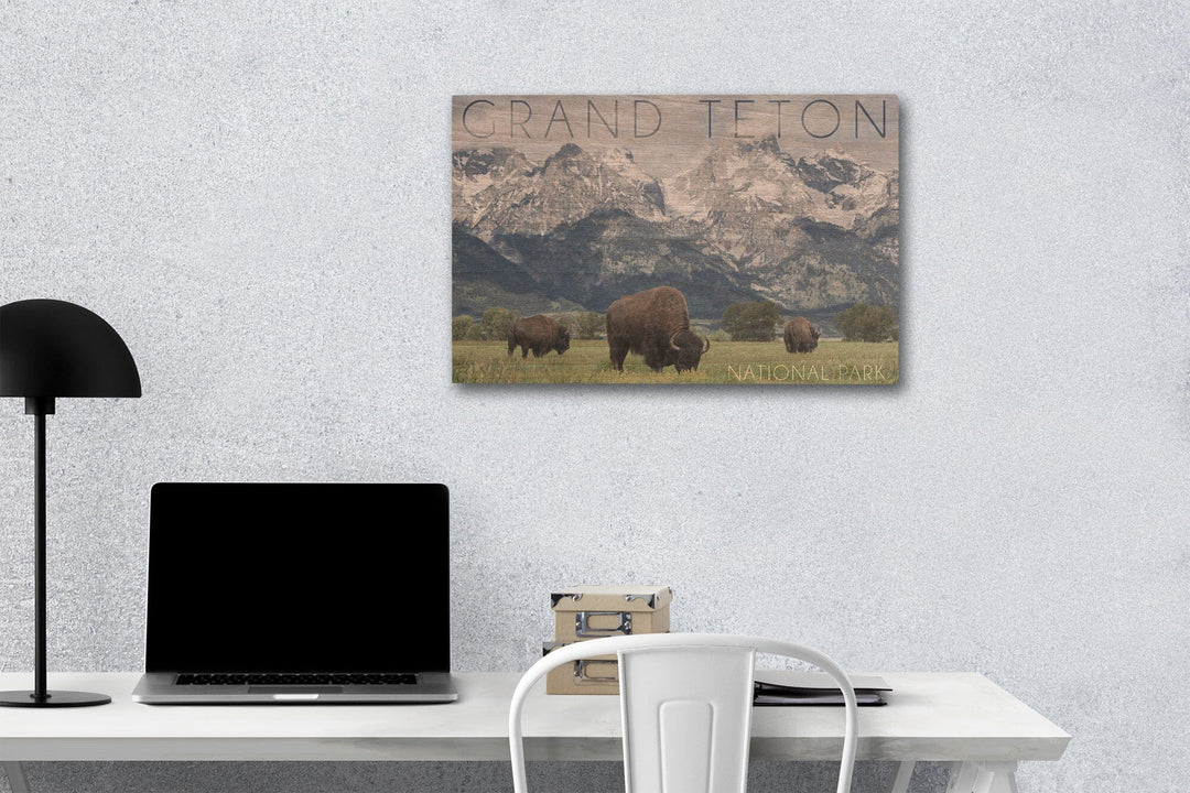 Grand Teton National Park, Wyoming, Buffalo & Mountain Scene, Lantern Press Photography, Wood Signs and Postcards - Lantern Press