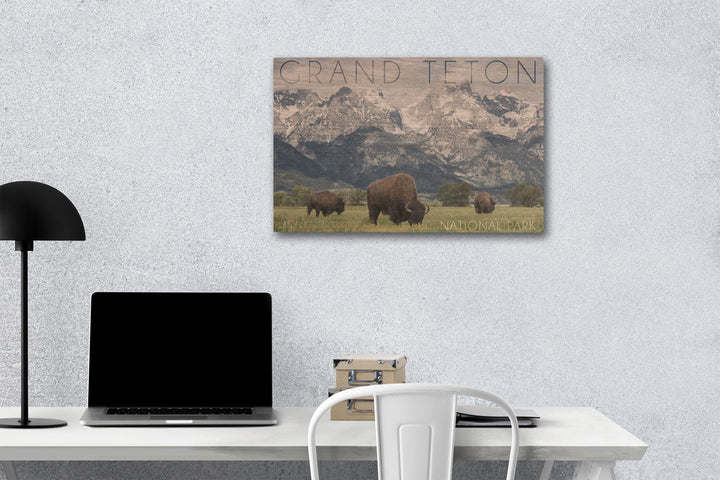 Grand Teton National Park, Wyoming, Buffalo & Mountain Scene, Lantern Press Photography, Wood Signs and Postcards - Lantern Press