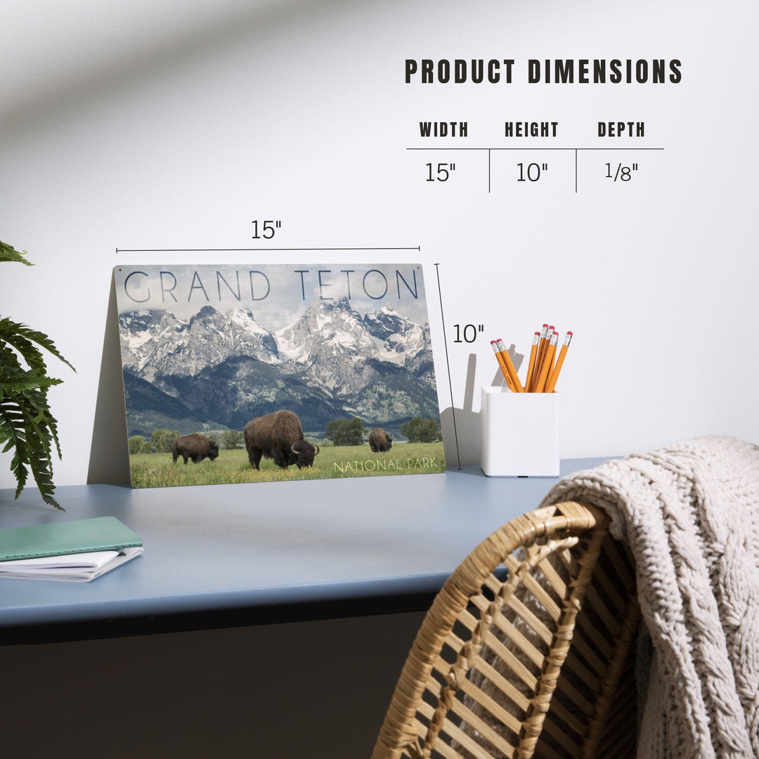 Grand Teton National Park, Wyoming, Buffalo & Mountain Scene, Lantern Press Photography, Wood Signs and Postcards - Lantern Press