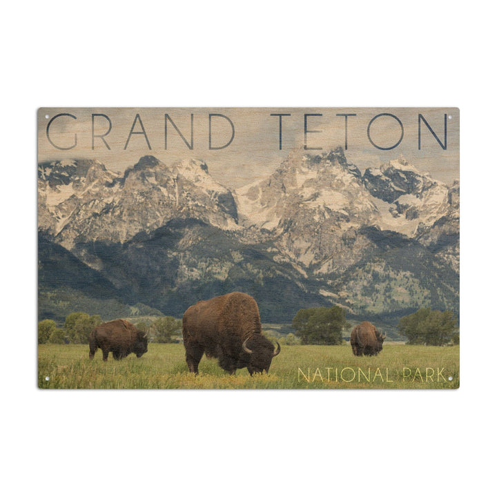 Grand Teton National Park, Wyoming, Buffalo & Mountain Scene, Lantern Press Photography, Wood Signs and Postcards - Lantern Press