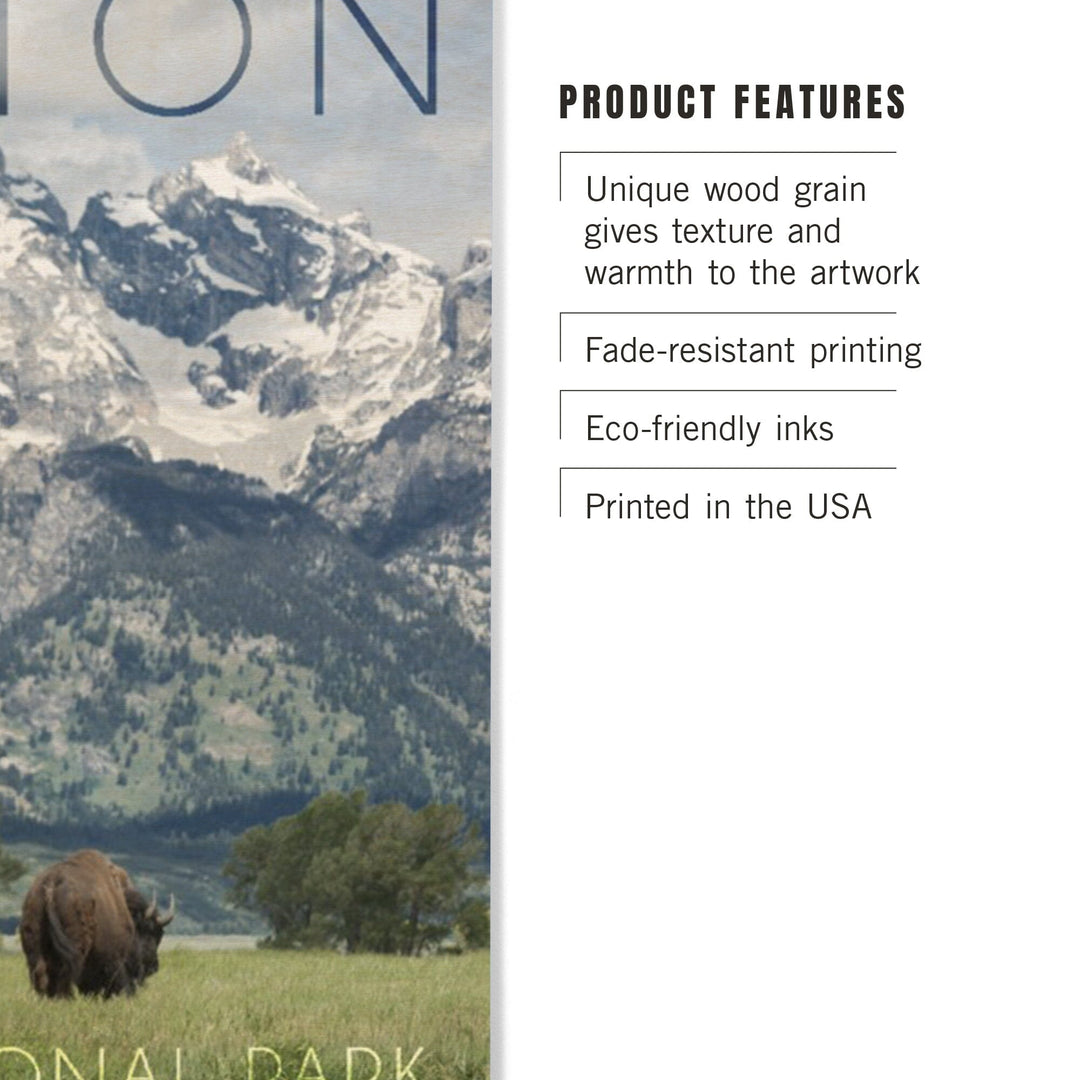 Grand Teton National Park, Wyoming, Buffalo & Mountain Scene, Lantern Press Photography, Wood Signs and Postcards - Lantern Press