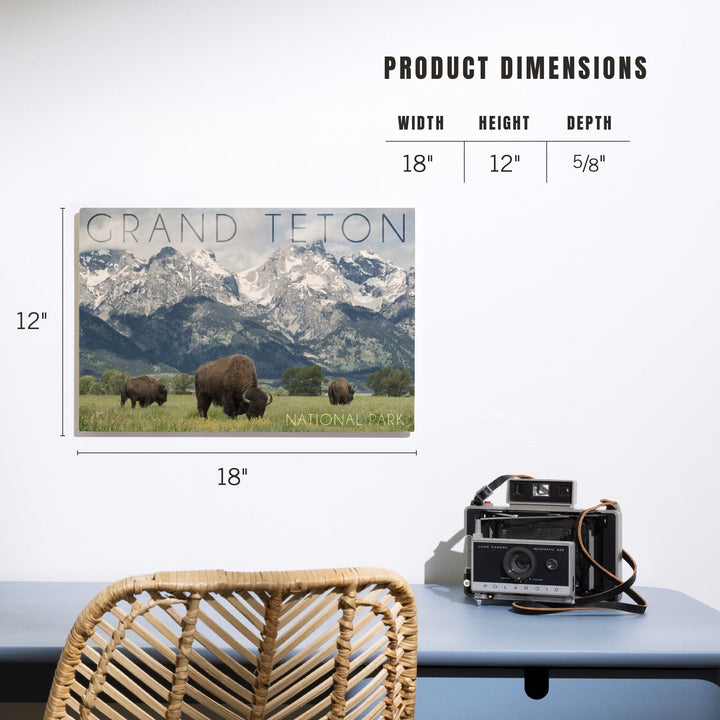 Grand Teton National Park, Wyoming, Buffalo & Mountain Scene, Lantern Press Photography, Wood Signs and Postcards - Lantern Press