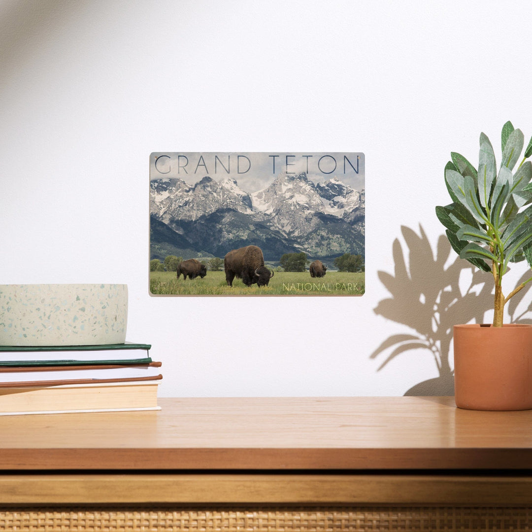 Grand Teton National Park, Wyoming, Buffalo & Mountain Scene, Lantern Press Photography, Wood Signs and Postcards - Lantern Press