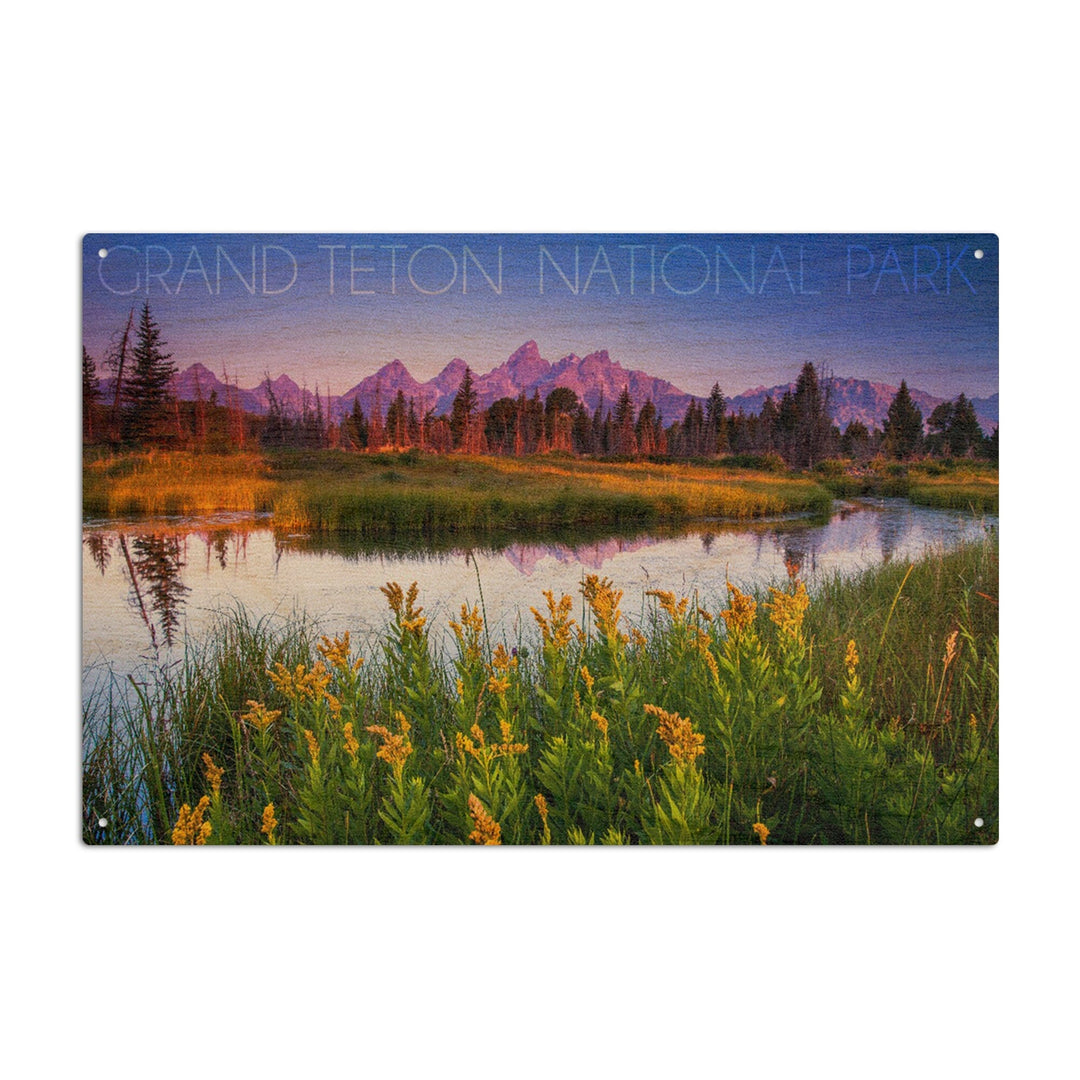 Grand Teton National Park, Wyoming, Flower Foreground, Lantern Press Photography, Wood Signs and Postcards - Lantern Press