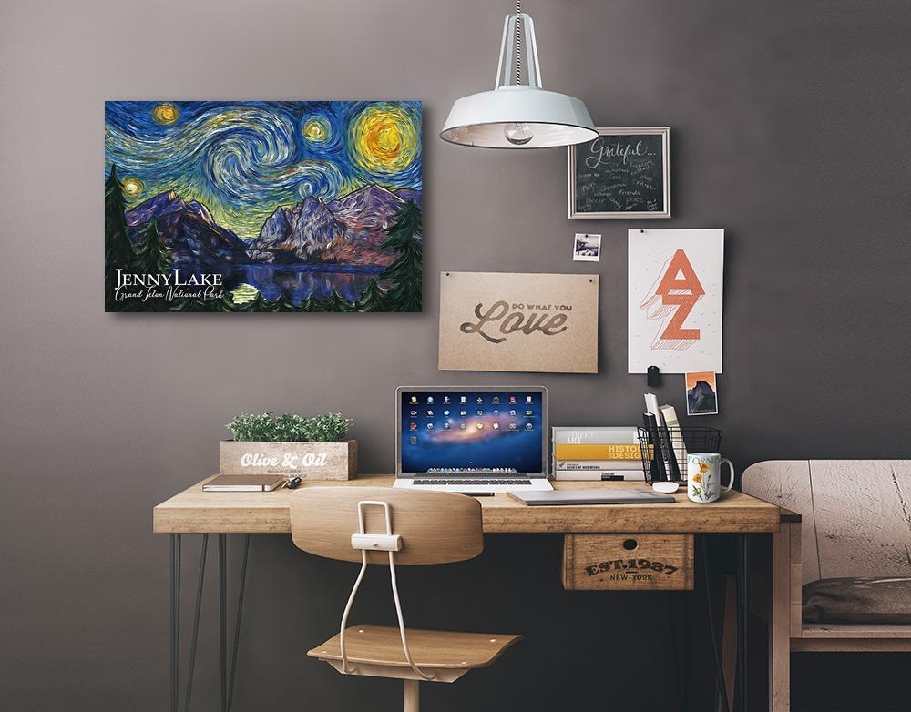 Grand Teton National Park, Wyoming, Jenny Lake, Starry Night National Park Series, Lantern Press Artwork, Stretched Canvas - Lantern Press
