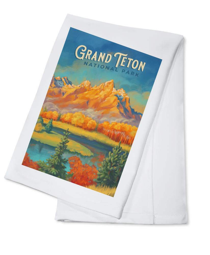 Grand Teton National Park, Wyoming, Oil Painting, Organic Cotton Kitchen Tea Towels - Lantern Press