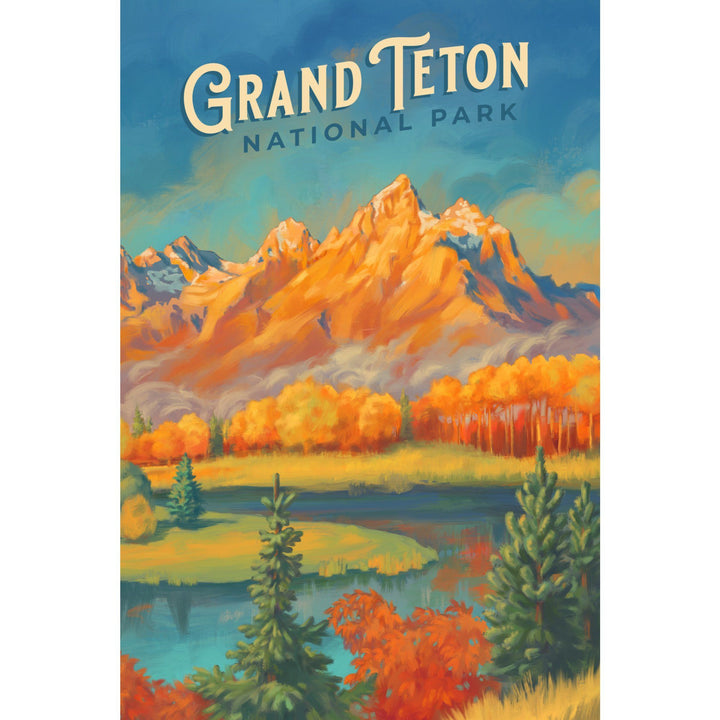 Grand Teton National Park, Wyoming, Oil Painting, Organic Cotton Kitchen Tea Towels - Lantern Press