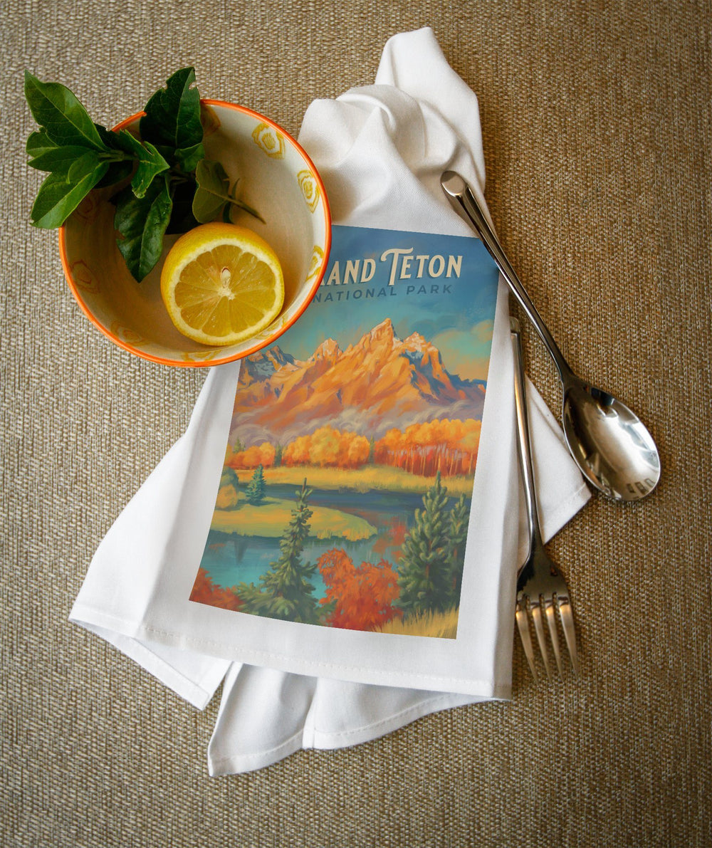 Grand Teton National Park, Wyoming, Oil Painting, Organic Cotton Kitchen Tea Towels - Lantern Press