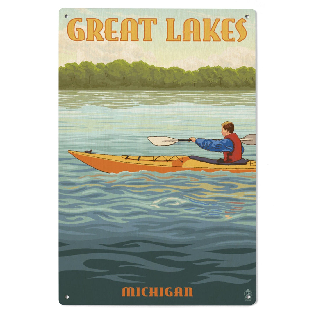 Great Lakes, Michigan, Kayak Scene, Lantern Press Artwork, Wood Signs and Postcards - Lantern Press