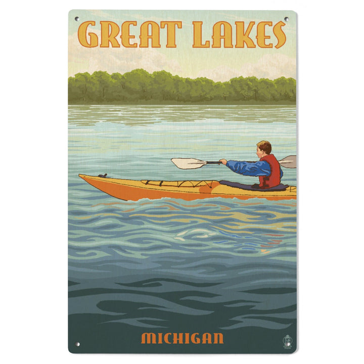 Great Lakes, Michigan, Kayak Scene, Lantern Press Artwork, Wood Signs and Postcards - Lantern Press