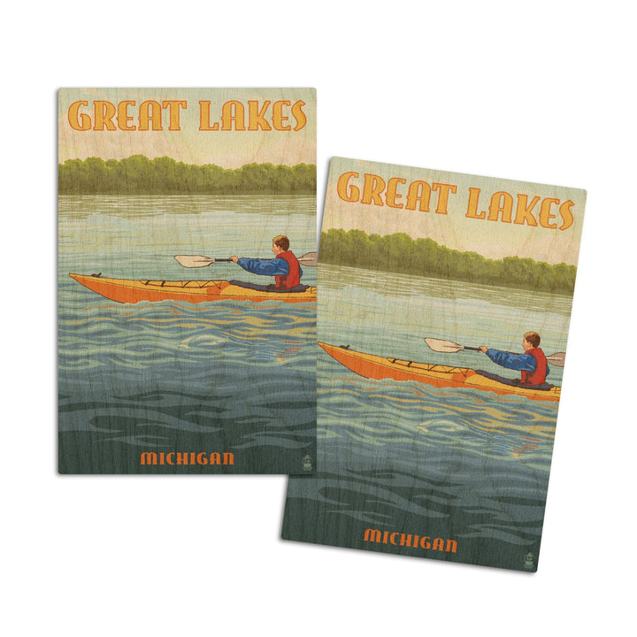 Great Lakes, Michigan, Kayak Scene, Lantern Press Artwork, Wood Signs and Postcards - Lantern Press