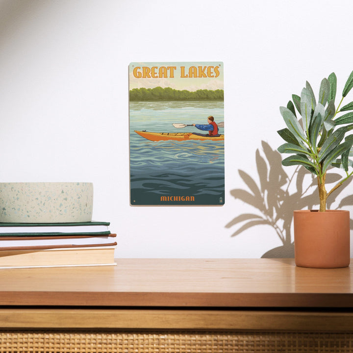 Great Lakes, Michigan, Kayak Scene, Lantern Press Artwork, Wood Signs and Postcards - Lantern Press