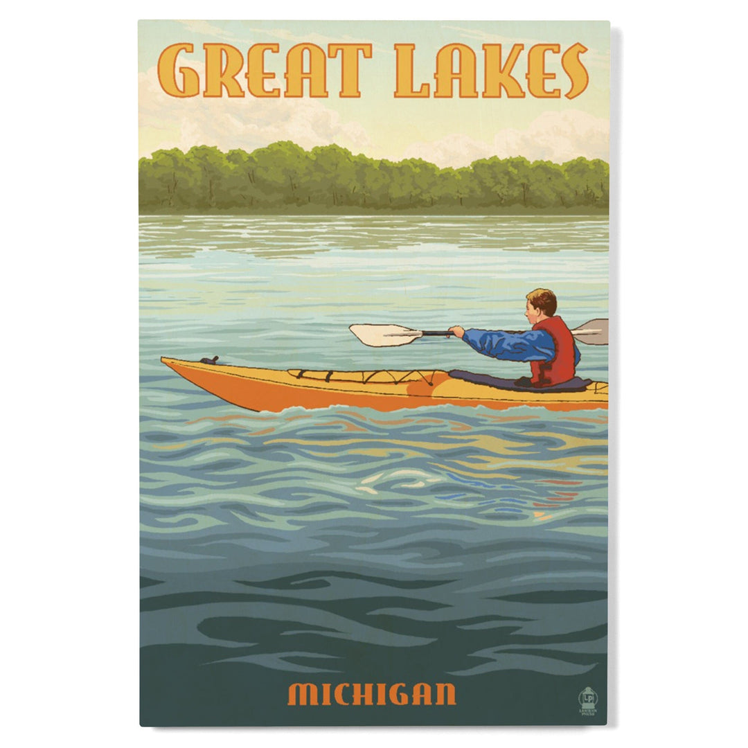 Great Lakes, Michigan, Kayak Scene, Lantern Press Artwork, Wood Signs and Postcards - Lantern Press