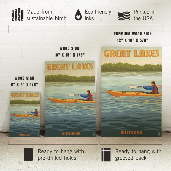 Great Lakes, Michigan, Kayak Scene, Lantern Press Artwork, Wood Signs and Postcards - Lantern Press