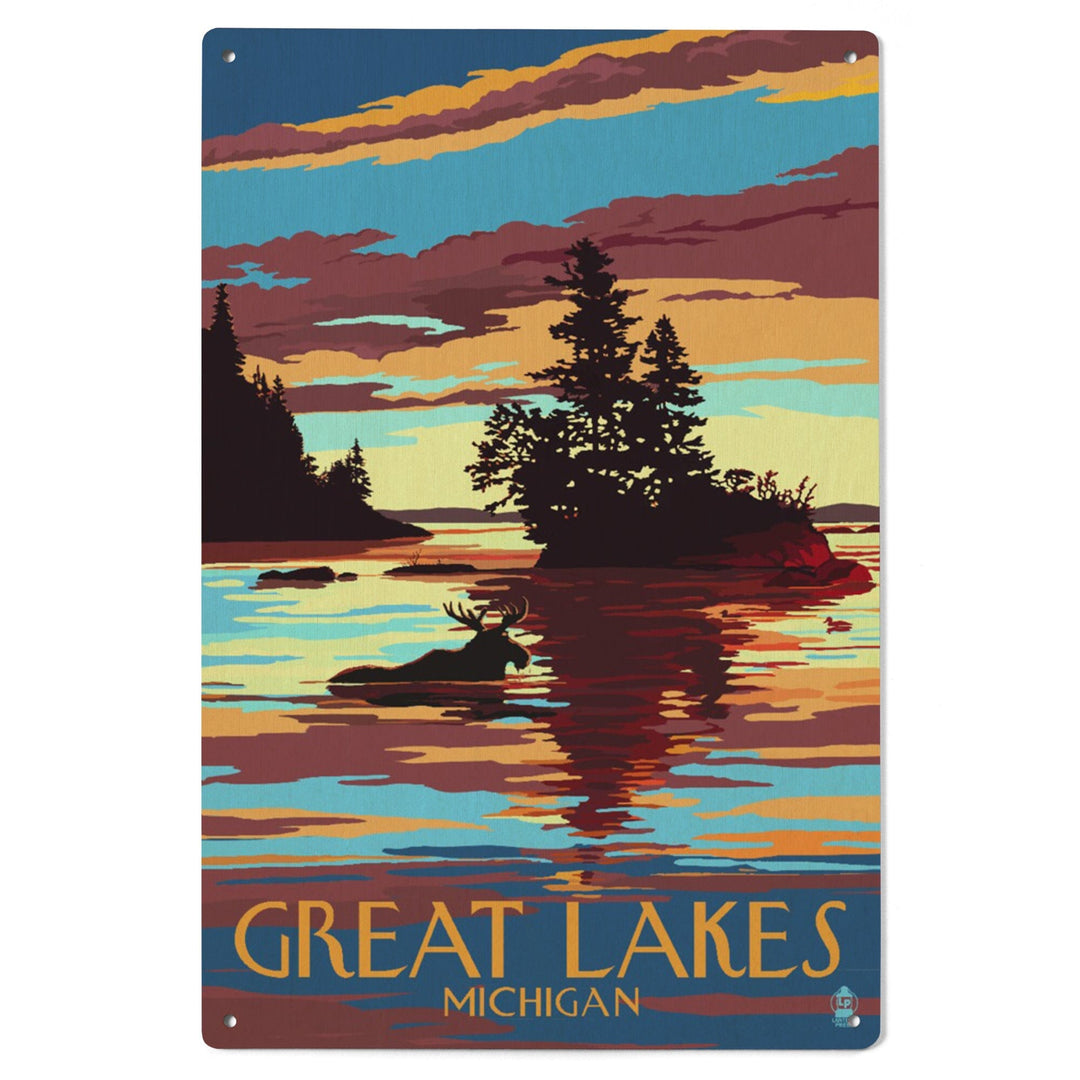 Great Lakes, Michigan, Moose Swimming at Sunset, Lantern Press Artwork, Wood Signs and Postcards - Lantern Press