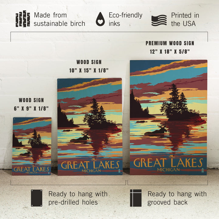 Great Lakes, Michigan, Moose Swimming at Sunset, Lantern Press Artwork, Wood Signs and Postcards - Lantern Press