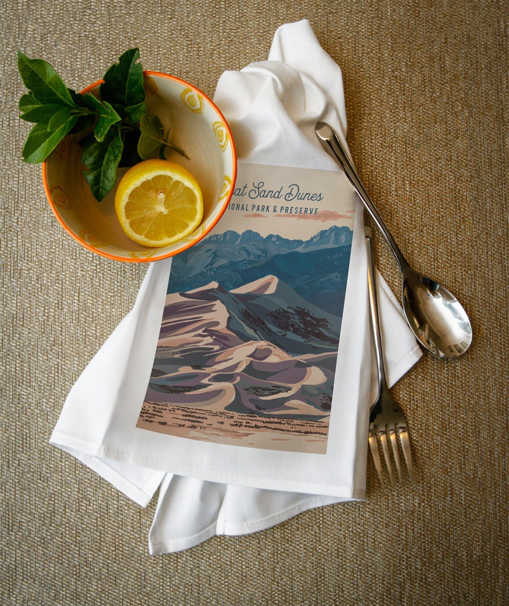 Great Sand Dunes National Park and Preserve, Colorado, Painterly National Park Series, Organic Cotton Kitchen Tea Towels - Lantern Press