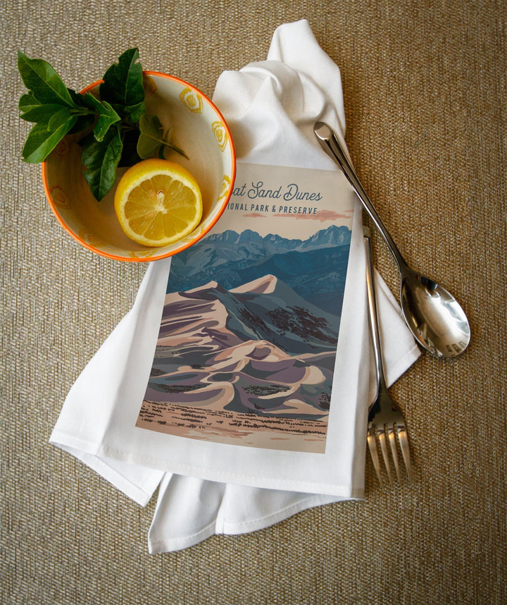 Great Sand Dunes National Park and Preserve, Colorado, Painterly National Park Series, Organic Cotton Kitchen Tea Towels - Lantern Press