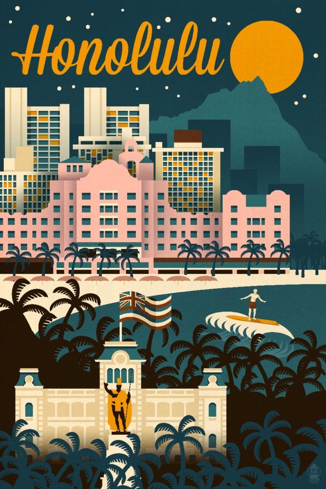 Honolulu, Hawaii, Retro Skyline, Art & Giclee Prints - Lantern Press
