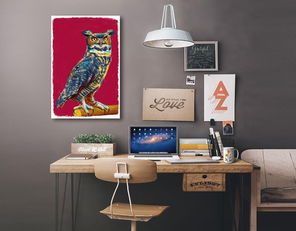 Horned Owl, Vivid Style, Lantern Press Artwork, Stretched Canvas - Lantern Press