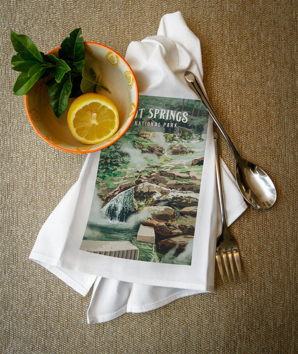 Hot Springs National Park, Arkansas, Painterly National Park Series, Organic Cotton Kitchen Tea Towels - Lantern Press