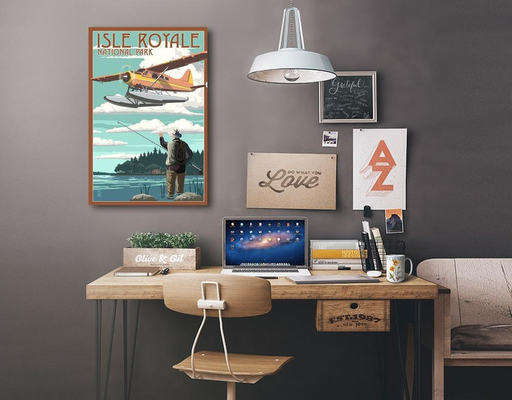 Isle Royale National Park, Michigan, Float Plane & Fisherman, Lantern Press Artwork, Stretched Canvas - Lantern Press