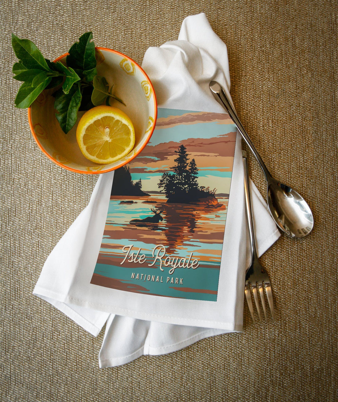 Isle Royale National Park, Michigan, Painterly National Park Series, Organic Cotton Kitchen Tea Towels - Lantern Press