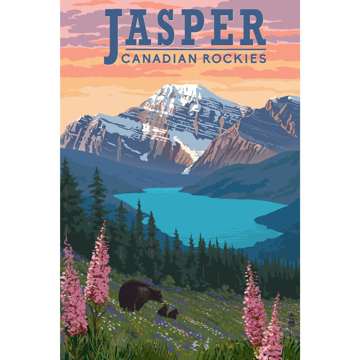 Jasper, Canada, Bear & Spring Flowers, Lantern Press Artwork, Stretched Canvas - Lantern Press