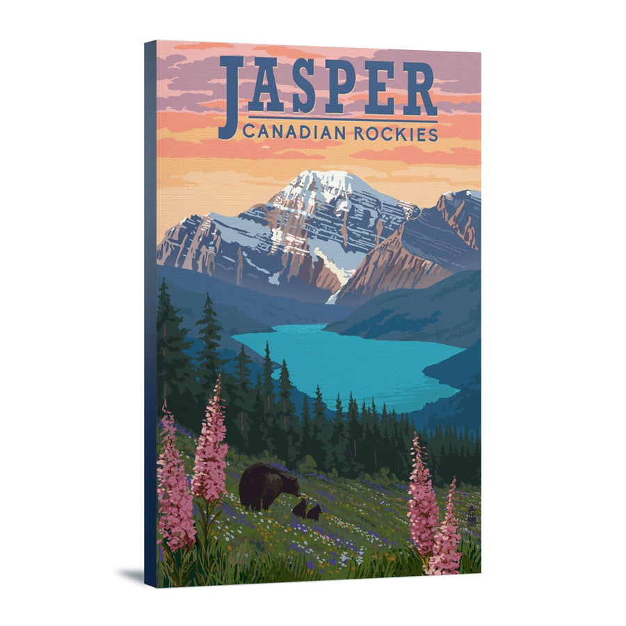 Jasper, Canada, Bear & Spring Flowers, Lantern Press Artwork, Stretched Canvas - Lantern Press