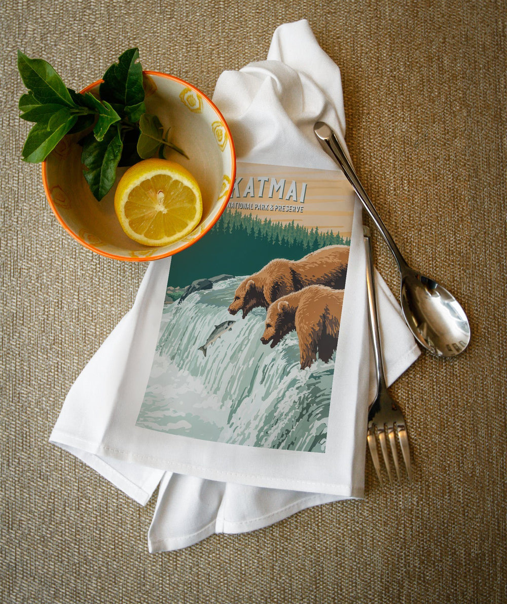 Katmai National Park, Alaska, Painterly National Park Series, Organic Cotton Kitchen Tea Towels - Lantern Press