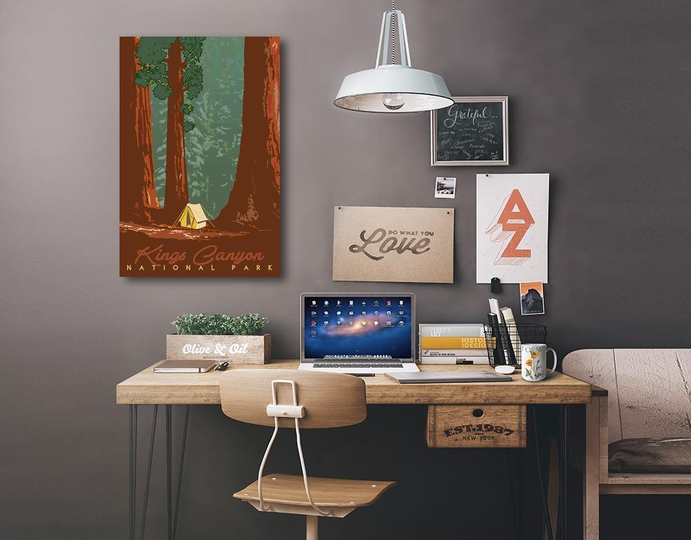 Kings Canyon National Park, California, Redwood Forest View, Sequoias & Tent, Lantern Press, Stretched Canvas - Lantern Press
