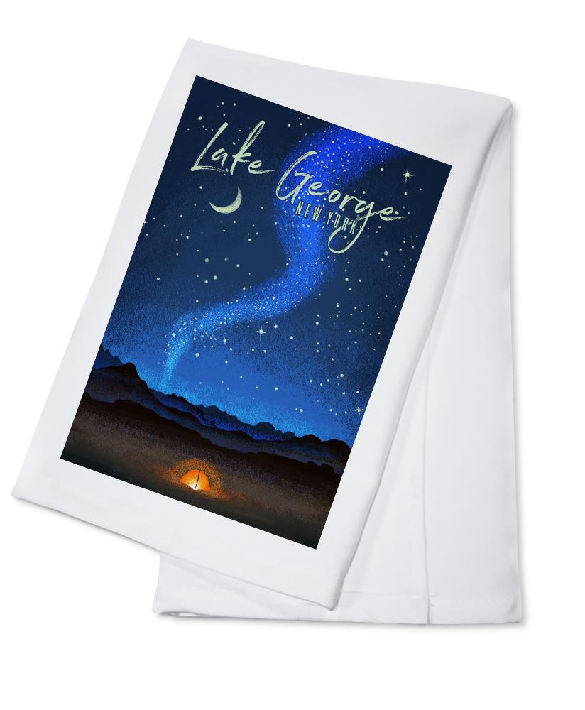 Lake George, New York, Tent and Night Sky, Mid-Century Style, Organic Cotton Kitchen Tea Towels - Lantern Press