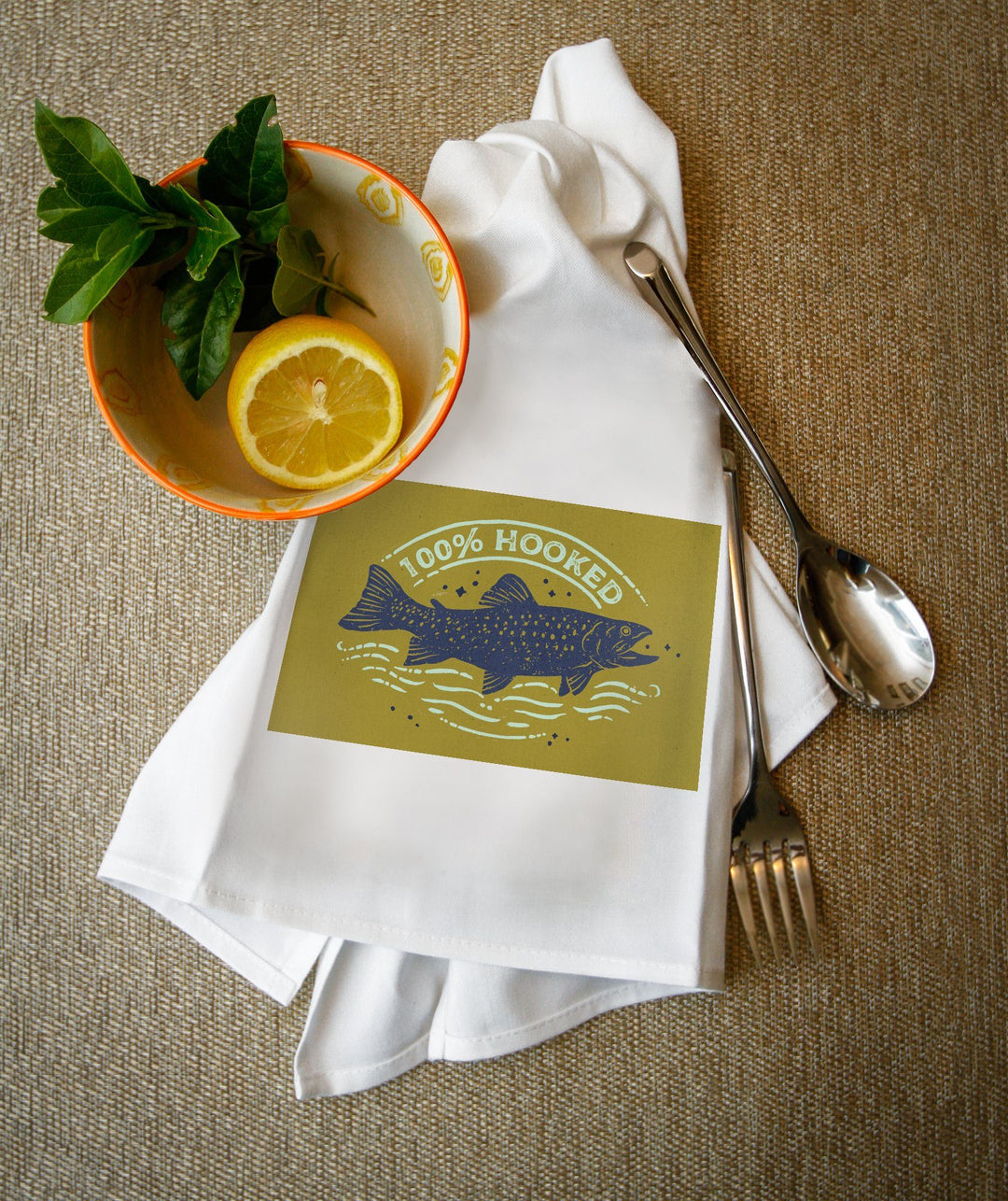 Lake Life Series, 100 Percent Hooked, Organic Cotton Kitchen Tea Towels - Lantern Press