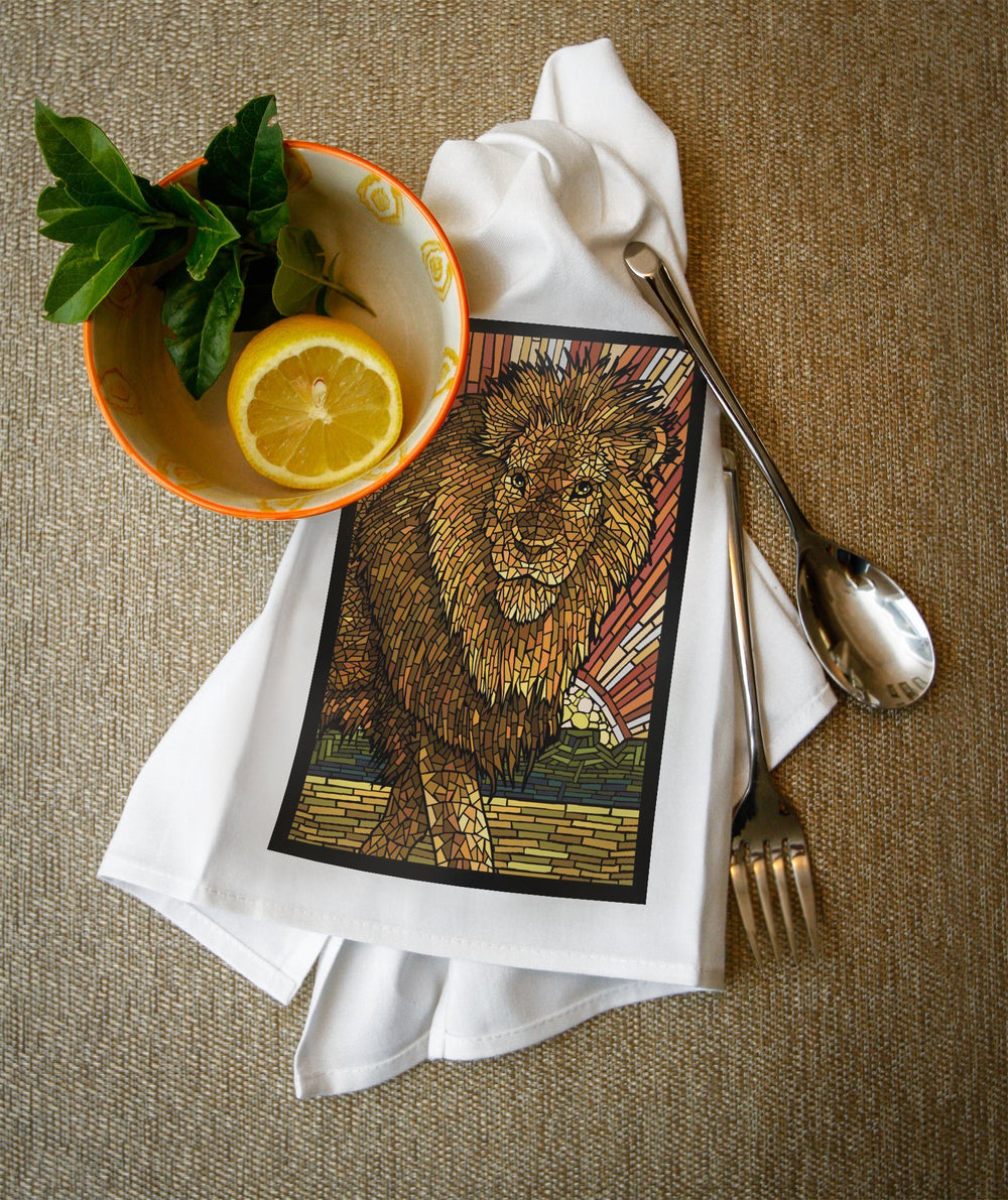 Lion, Mosaic, Organic Cotton Kitchen Tea Towels - Lantern Press