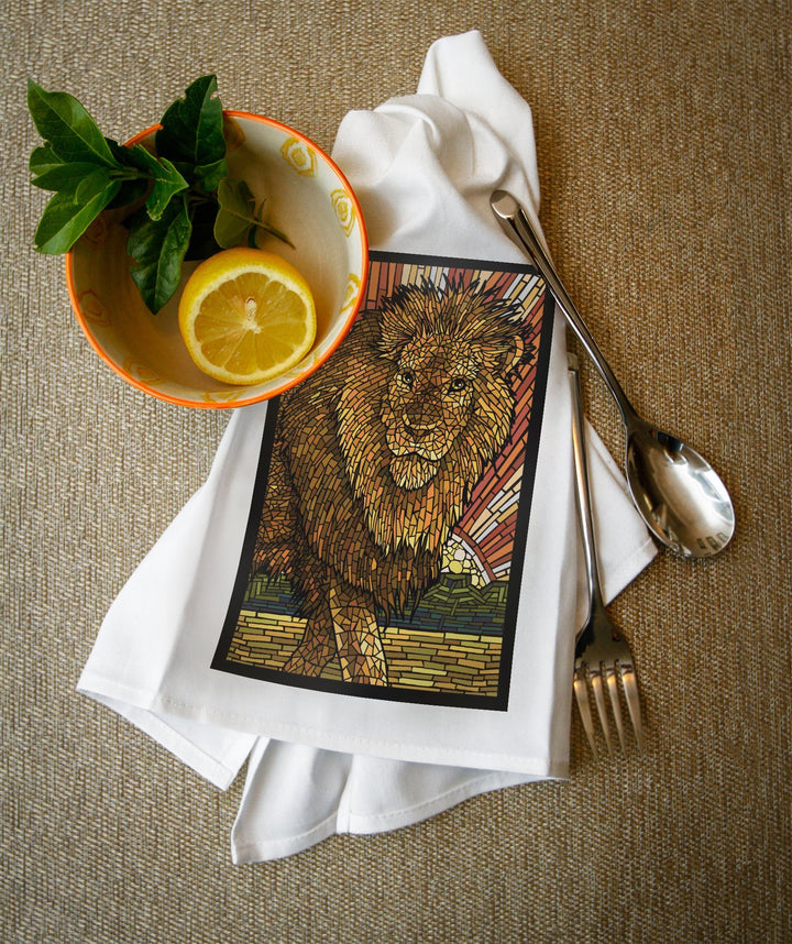 Lion, Mosaic, Organic Cotton Kitchen Tea Towels - Lantern Press