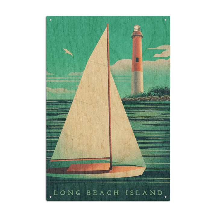 Long Beach Island, New Jersey, Beaming Lighthouse Collection, Lighthouse and Sailboat at Daylight, Wood Signs and Postcards - Lantern Press