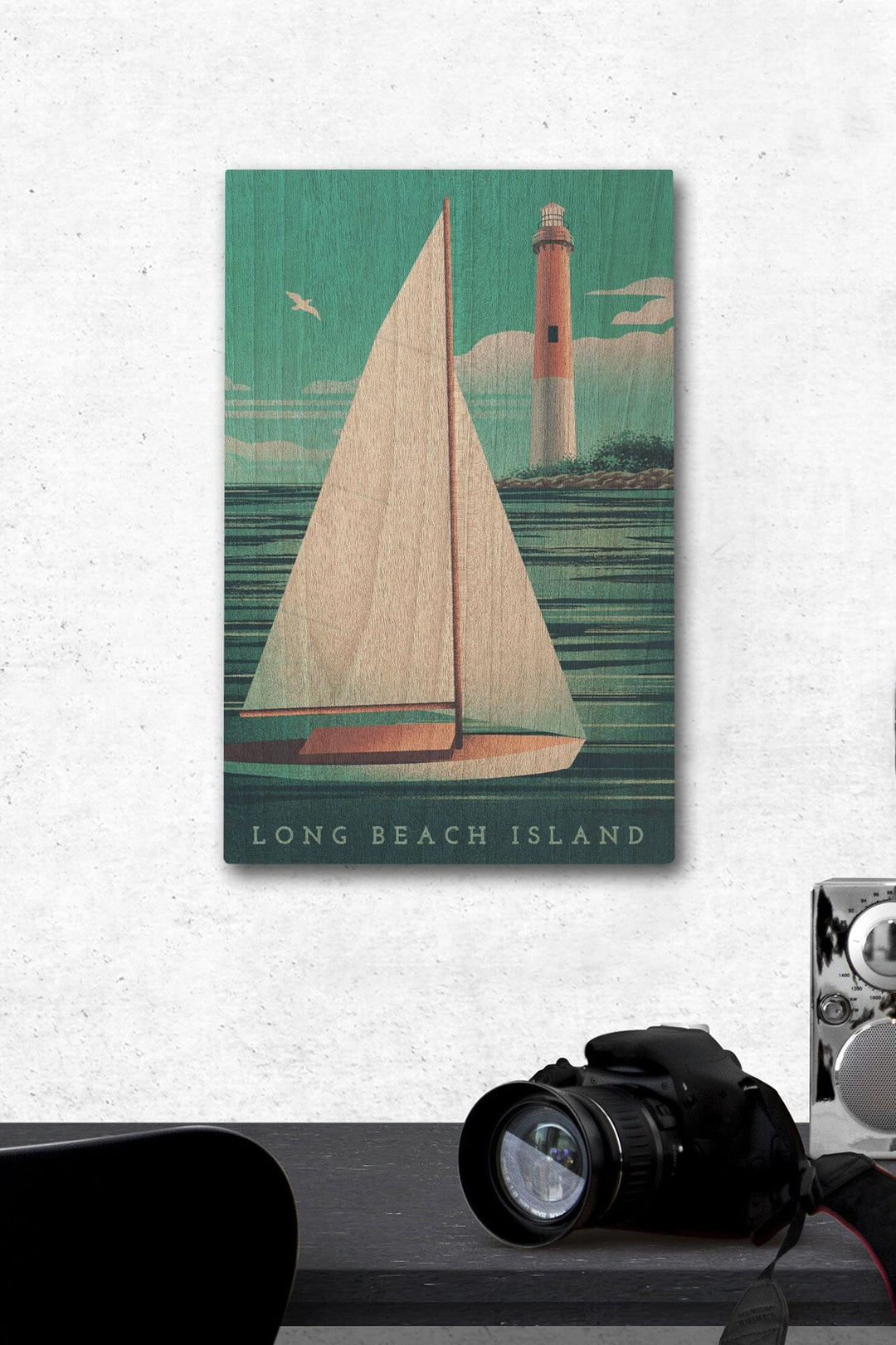 Long Beach Island, New Jersey, Beaming Lighthouse Collection, Lighthouse and Sailboat at Daylight, Wood Signs and Postcards - Lantern Press