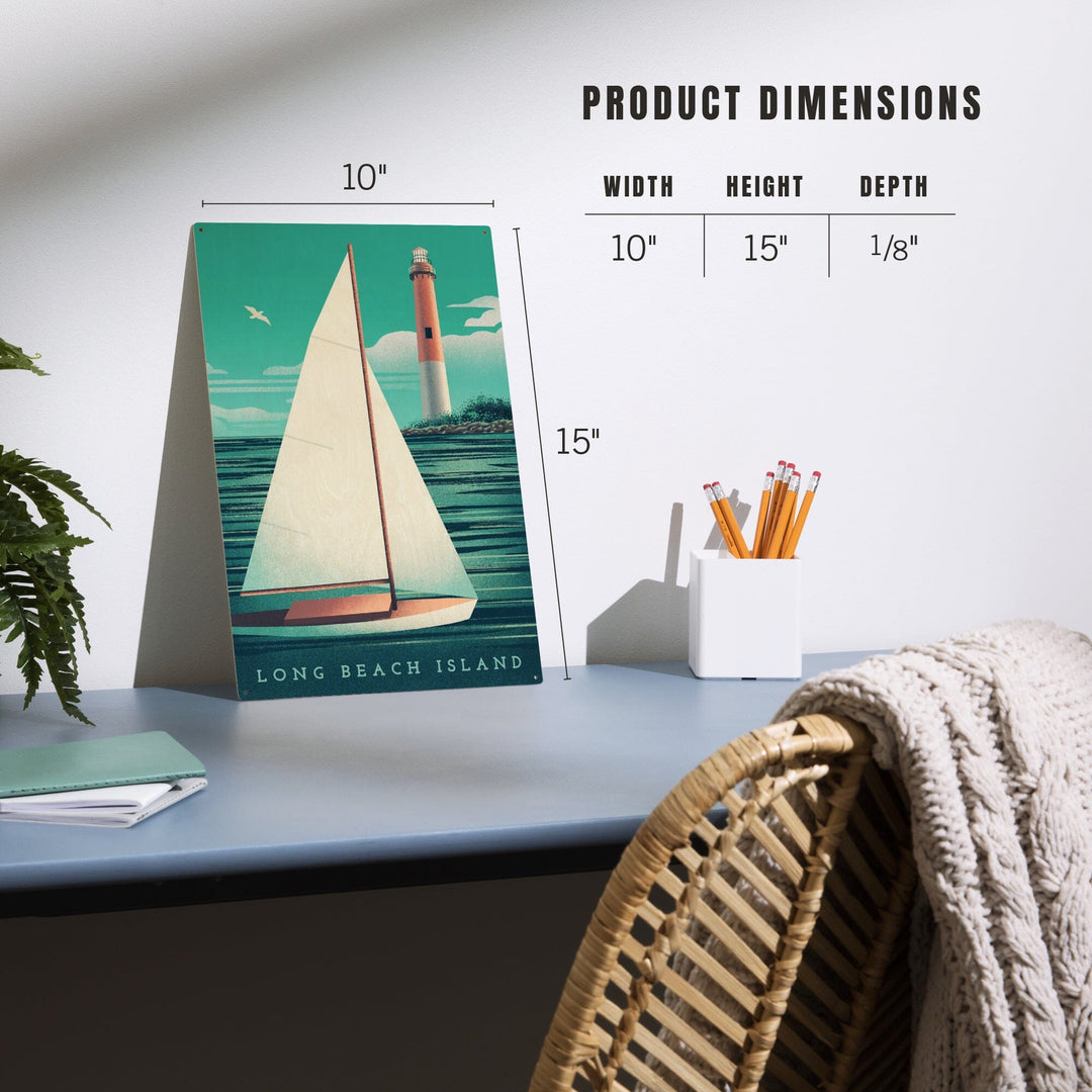Long Beach Island, New Jersey, Beaming Lighthouse Collection, Lighthouse and Sailboat at Daylight, Wood Signs and Postcards - Lantern Press