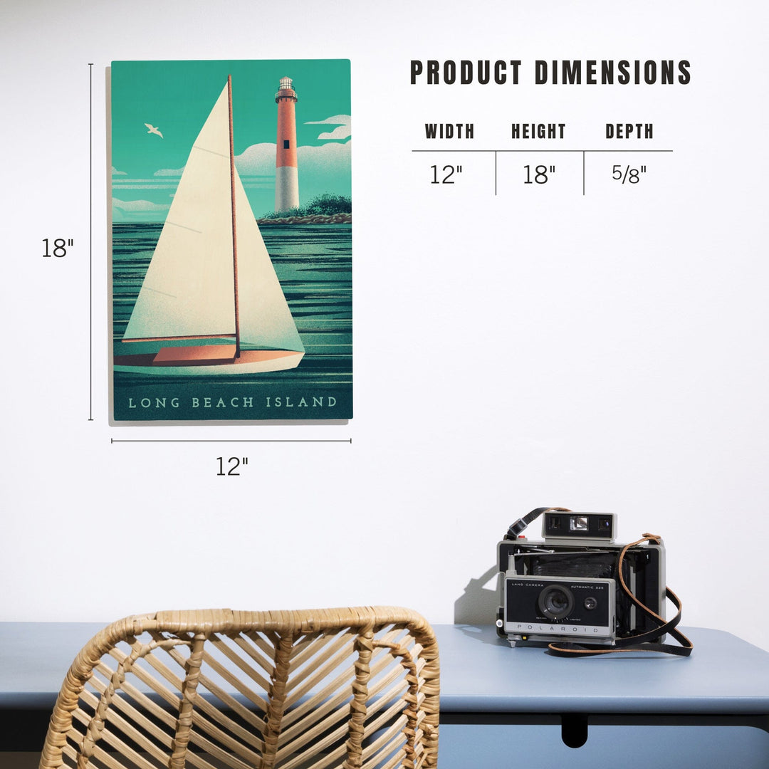 Long Beach Island, New Jersey, Beaming Lighthouse Collection, Lighthouse and Sailboat at Daylight, Wood Signs and Postcards - Lantern Press