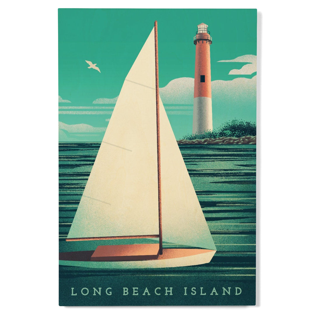 Long Beach Island, New Jersey, Beaming Lighthouse Collection, Lighthouse and Sailboat at Daylight, Wood Signs and Postcards - Lantern Press