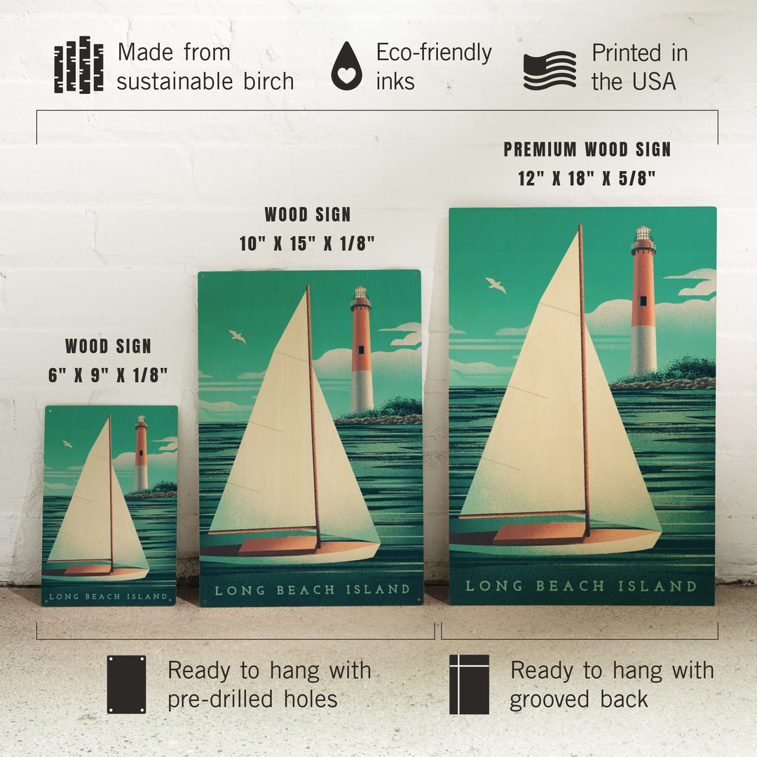 Long Beach Island, New Jersey, Beaming Lighthouse Collection, Lighthouse and Sailboat at Daylight, Wood Signs and Postcards - Lantern Press