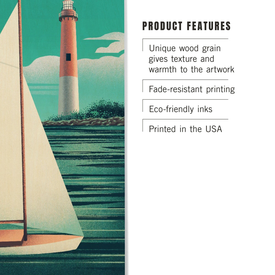Long Beach Island, New Jersey, Beaming Lighthouse Collection, Lighthouse and Sailboat at Daylight, Wood Signs and Postcards - Lantern Press