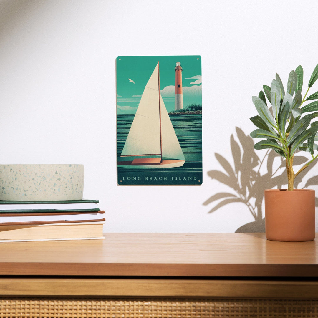 Long Beach Island, New Jersey, Beaming Lighthouse Collection, Lighthouse and Sailboat at Daylight, Wood Signs and Postcards - Lantern Press