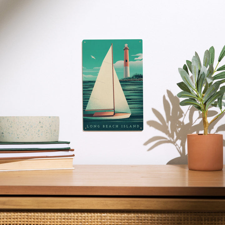 Long Beach Island, New Jersey, Beaming Lighthouse Collection, Lighthouse and Sailboat at Daylight, Wood Signs and Postcards - Lantern Press
