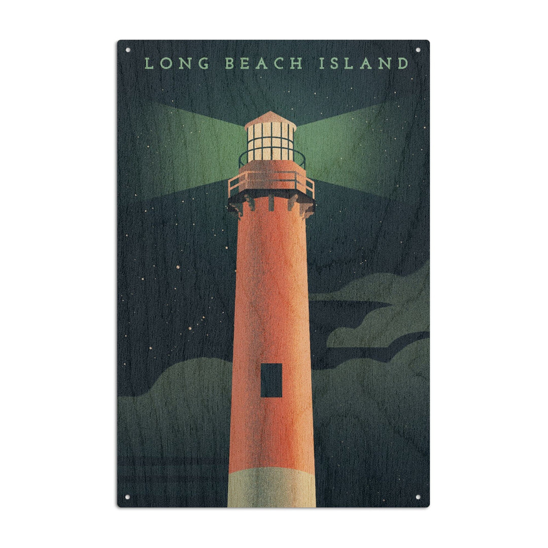 Long Beach Island, New Jersey, Beaming Lighthouse Collection, Lighthouse at Night, Wood Signs and Postcards - Lantern Press
